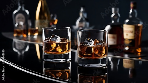 Wallpaper Mural Drinks and beverages conception two glasses of whisky with ice cubes on reflective black surface Torontodigital.ca