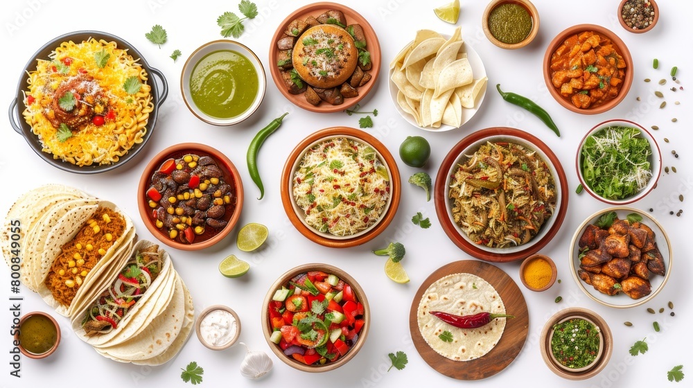 International cuisine top view, featuring a delectable spread of Italian pasta, Mexican tacos, and Indian biryanis, each dish isolated on a pure white background, lit with professional studio lights International cuisine top view, featuring a delectable spread of Italian pasta, Mexican tacos, and Indian biryanis, each dish isolated on a pure white background, lit with professional studio lights