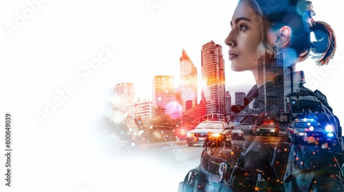 Policing and Police in society or community security for building trust as a blue law enforcement in social crowd as a policeman or policewoman as Crime Prevention symbol. Double exposure.