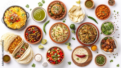 International cuisine top view, featuring a delectable spread of Italian pasta, Mexican tacos, and Indian biryanis, each dish isolated on a pure white background, lit with professional studio lights