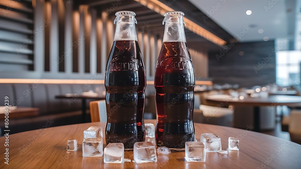 Two glass soft drink with ice in restaurant background Two glass soft drink with ice in restaurant background