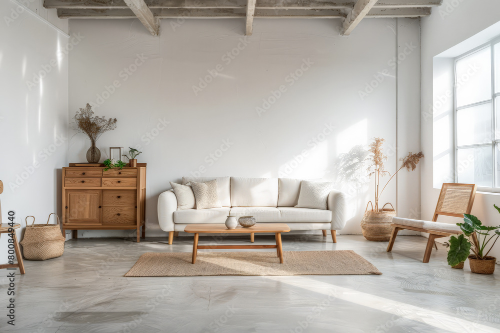 Fototapeta premium Minimalist modern home interiors with natural accents. Interior design living room composition.