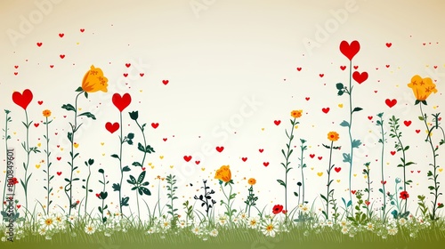   A painting of a white background filled with hearts  featuring a field of red and yellow blooming flowers in the foreground
