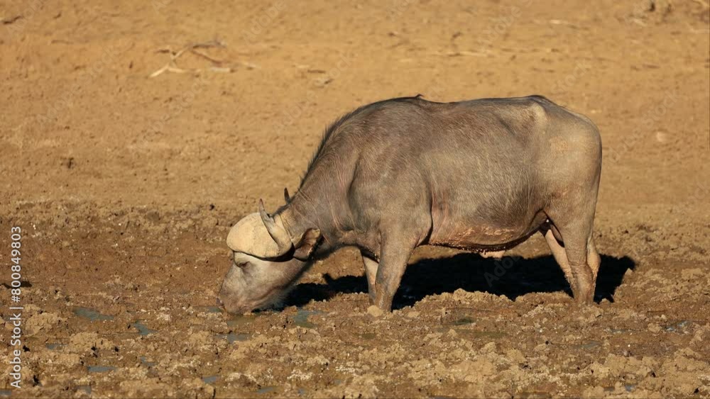 An African of Cape buffalo (Syncerus caffer) in a muddy waterhole, Mokala National Park, South Africa An African of Cape buffalo (Syncerus caffer) in a muddy waterhole, Mokala National Park, South Africa