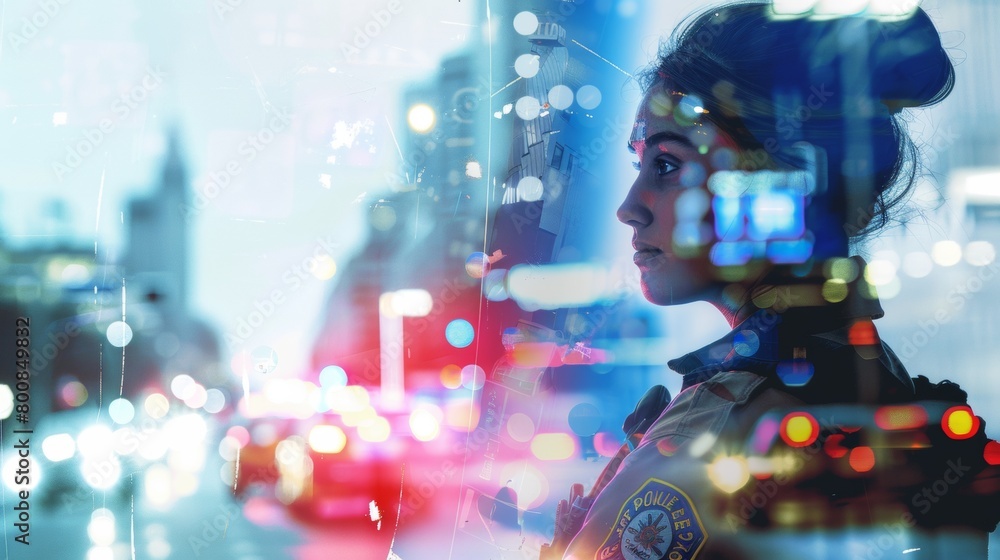 Policing and Police in society or community security for building trust as a blue law enforcement in social crowd as a policeman or policewoman as Crime Prevention symbol. Double exposure. Policing and Police in society or community security for building trust as a blue law enforcement in social crowd as a policeman or policewoman as Crime Prevention symbol. Double exposure.
