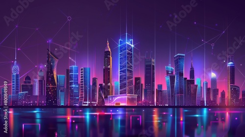 Visualize the concept of a technology-driven wireless mesh geometric network communication system in a smart city, with European architecture serving as a backdrop. This design banner highlights the i