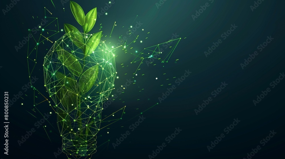 Light Bulb with green plant form lines, triangles and particle style design. Illustration vector 