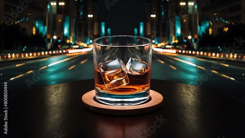 Whiskey with ice cubes on a background of the night city