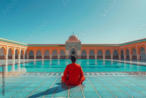 Medium shot of a Moroccan student sitting crosslegged on a tiled courtyard, the brilliant azure sky providing a vivid backdrop photo