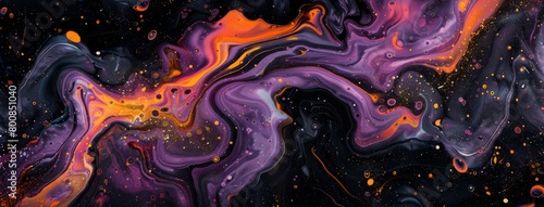 Black and purple abstract background with orange liquid paint waves