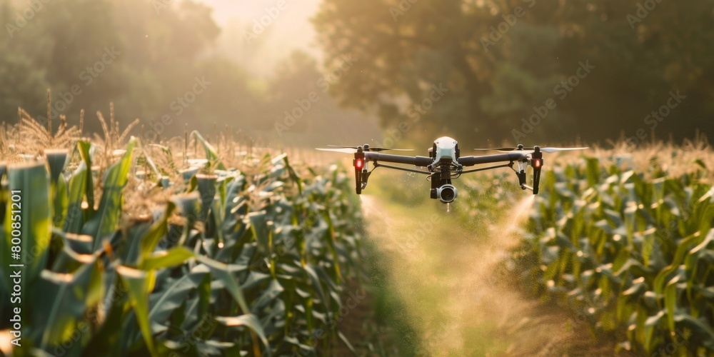 Naklejka premium drone spraying water for agriculture, flying over farm field.