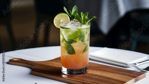 Glass of mojito cocktail with fresh lime and mint on a restaurant board