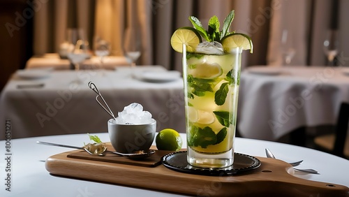 Glass of mojito cocktail with fresh lime and mint on a restaurant board