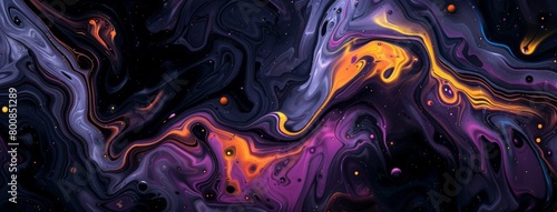 Black and purple abstract background with orange liquid paint waves