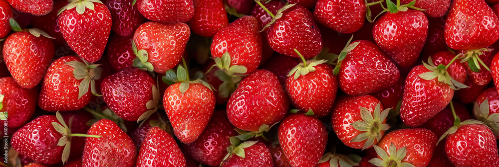 A lush full frame of strawberries, with their vivid red and fresh green leaves creating a delicious background A lush full frame of strawberries, with their vivid red and fresh green leaves creating a delicious background