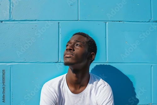 Depict a pensive African American male college attendee gazing upwards at the brilliant cerulean expanse while seated crosslegged on sundappled ground photo
