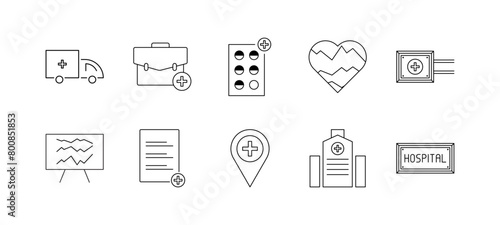 Medicine and Health symbols - minimal thin line web icon set. Outline icons collection. icon, brain, clinic, doctor, genetic, hospital, laboratory, liver, lung, medication, medicine, microscope,