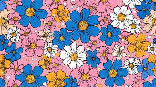   A pink background with polka dots  adorned by blue  yellow  and white flowers