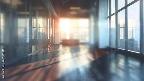 Amidst a blurred hyperrealistic office scene, windows softly blur the outside world, creating an ethereal backdrop of corporate tranquility