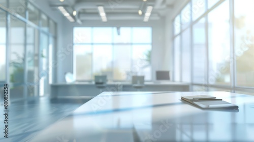 Amidst a blurred hyperrealistic office scene  windows softly blur the outside world  creating an ethereal backdrop of corporate tranquility