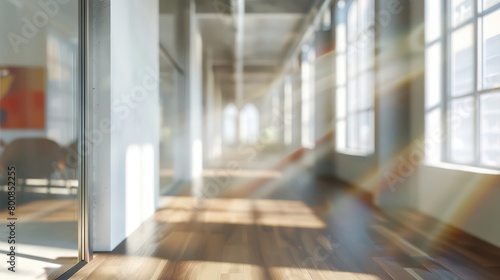 Amidst a blurred hyperrealistic office scene, windows softly blur the outside world, creating an ethereal backdrop of corporate tranquility