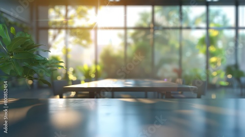 Amidst a blurred hyperrealistic office scene, windows softly blur the outside world, creating an ethereal backdrop of corporate tranquility

