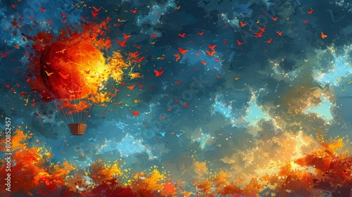  A hot air balloon painted against an orange-red sky, dotted with numerous flitting butterflies