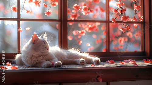 A white long-haired cat sleeps peacefully on a spacious, cozy windowsill. The room features simple yet traditional Japanese decor, a cherry blossom grove in full bloom. Generative AI illustration 