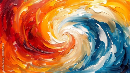  Swirling orbs of orange, blue, and red against a red and white backdrop with scattering white dots