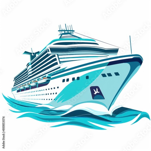 A clipart illustration vector featuring a light blue and white cruise ship sailing gracefully atop ocean waves underneath