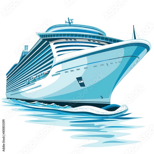 A clipart illustration vector featuring a light blue and white cruise ship sailing gracefully atop ocean waves underneath photo