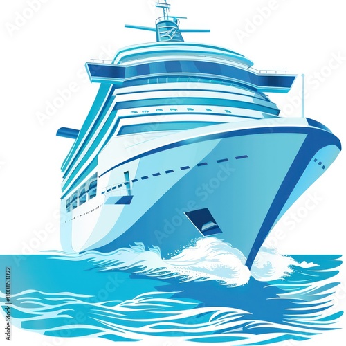 A clipart illustration vector featuring a light blue and white cruise ship sailing gracefully atop ocean waves underneath photo