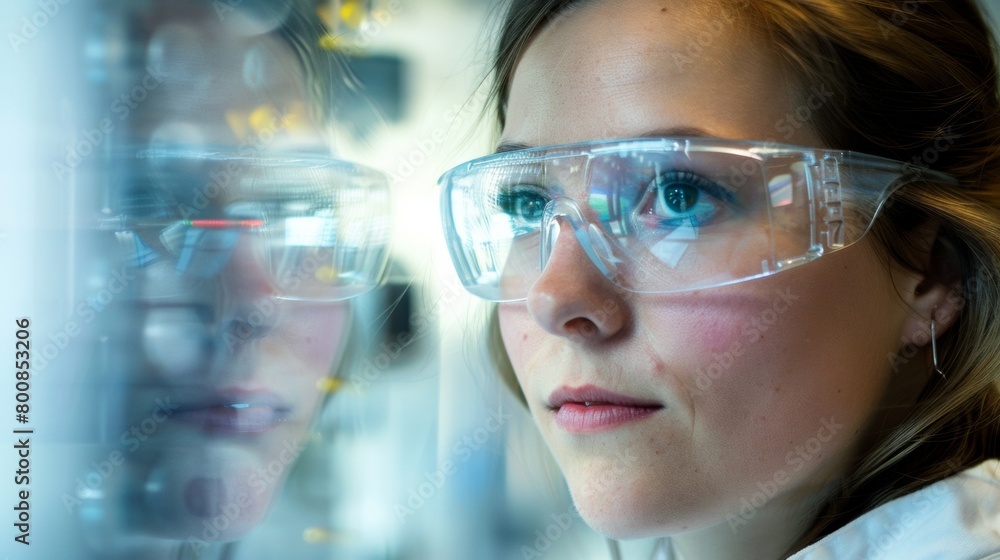 woman in safety glasses and overalls in a production laboratory. Researcher, scientist specialist. Science and technology. woman in safety glasses and overalls in a production laboratory. Researcher, scientist specialist. Science and technology.