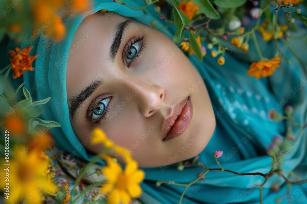 A Berber freshman lies utterly at peace amid the campus blossoms and greenery, her hijab catching the refracted shades of turquoise and azure A Berber freshman lies utterly at peace amid the campus blossoms and greenery, her hijab catching the refracted shades of turquoise and azure