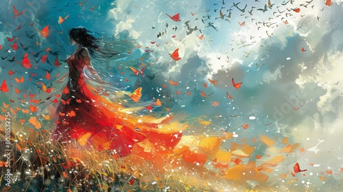  A woman in a red dress traverses a field, surrounded by fluttering butterflies