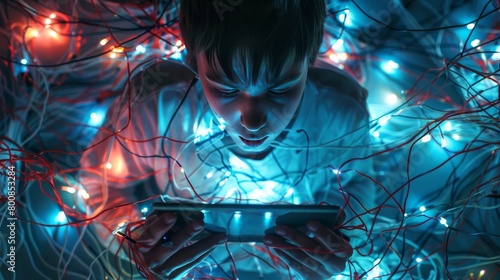 An individual is depicted immersed in tablet use, surrounded by a tangled mess of glowing cables, symbolizing the grip of internet addiction. This evocative image highlights the pervasive nature