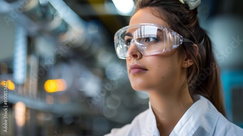woman in safety glasses and overalls in a production laboratory. Researcher, scientist specialist. Science and technology. © Restyler