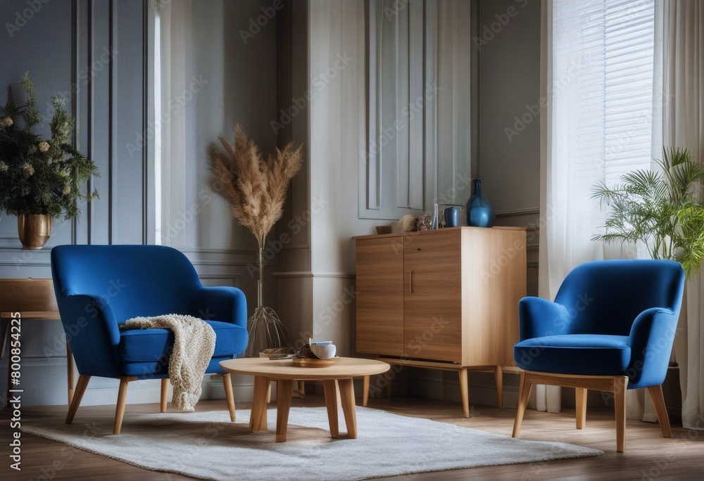 Fototapeta premium blue armchair settee living beige cozy cupboard next interior Wooden room