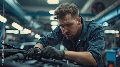 The image shows a mechanic working attentively on a vehicle in an auto repair shop. 