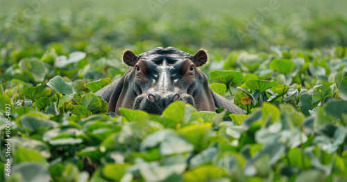 A hippopotamus is resting in the grass, its head covered with leaves and water plants