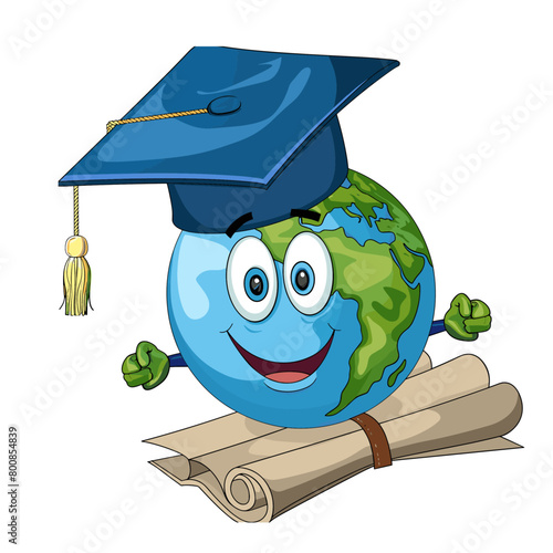 A personified planet Earth beaming with pride after graduating