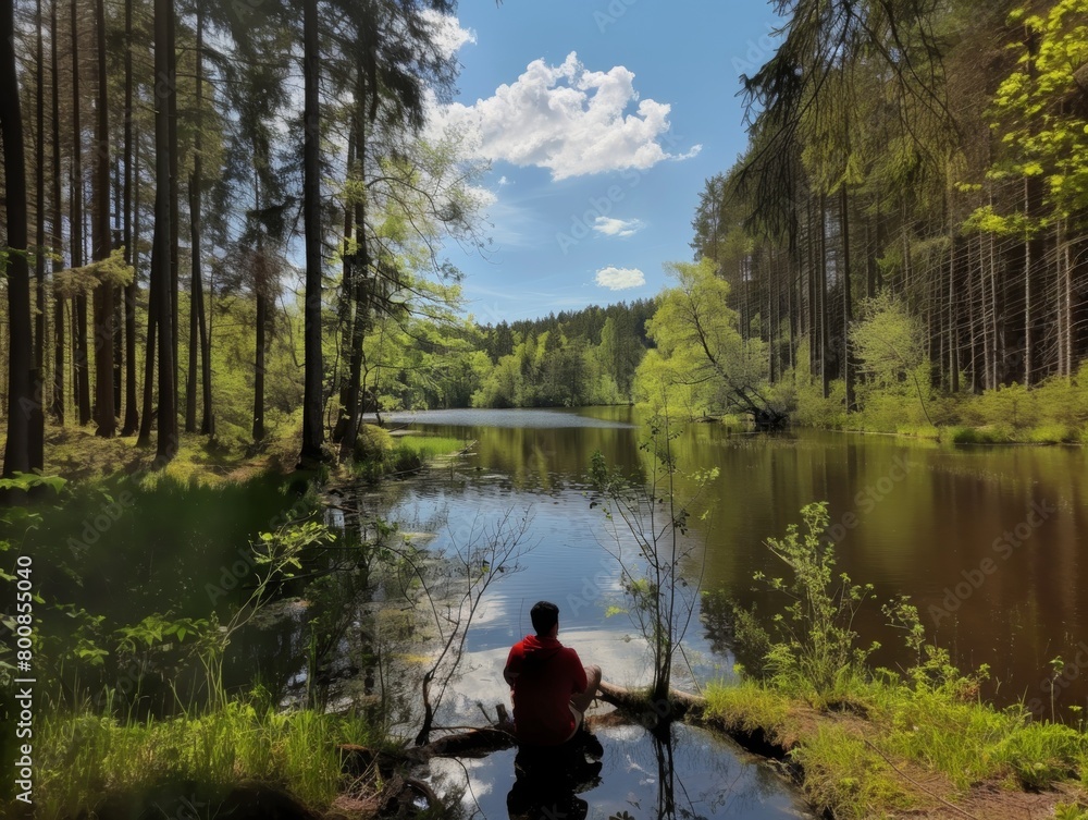 A man sits on the shore of a forest lake. Travel and recreation, peace and tranquility. A man sits on the shore of a forest lake. Travel and recreation, peace and tranquility.