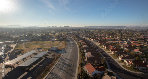 Daytime aerial view from hot air balloon of housing in Menifee southern California United States