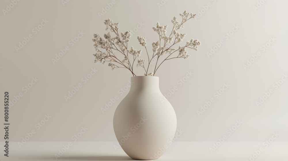 A ceramic vase with a minimalist design sits on a solid surface against a neutral background. The vase is empty except for a few small, delicate flowers.