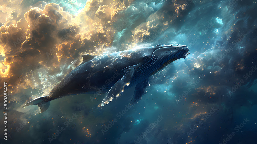 Fototapeta premium whale flying through space with nebula in background.