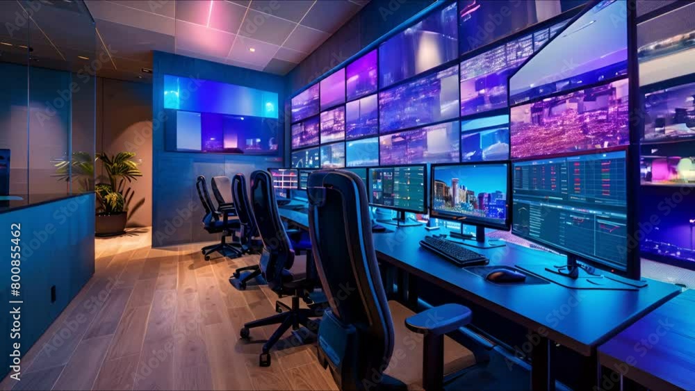 High efficiency workspace with seamless technological solutions, including smart desks and interactive walls High efficiency workspace with seamless technological solutions, including smart desks and interactive walls