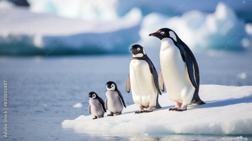 Obraz premium An adorable family of penguins waddle along the icy shores of Antarctica.