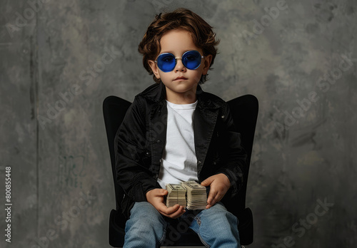 a rich little boy sitting on a black armchair with blue sunglasses and holding a stack of money against a gray concrete background