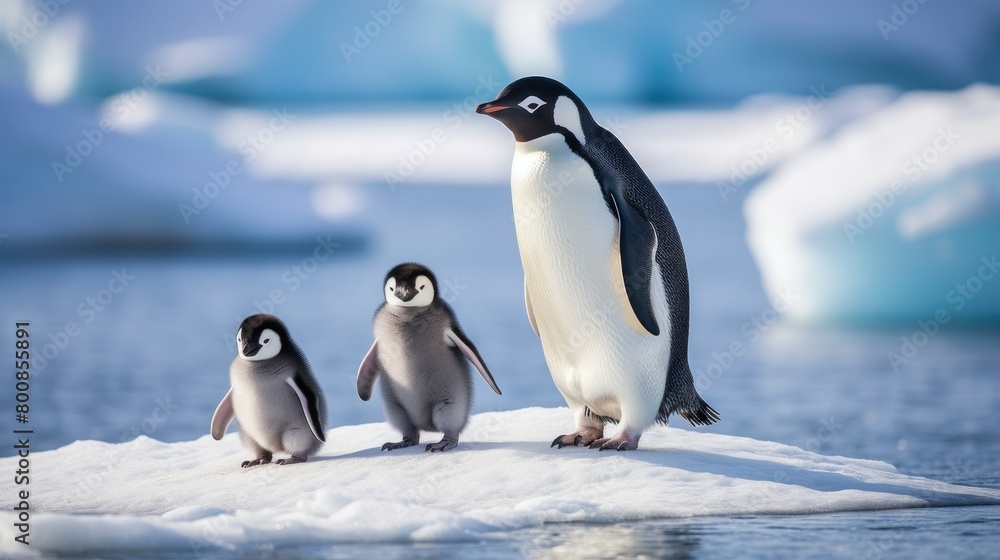 Obraz premium An adorable family of penguins waddle along the icy shores of Antarctica.