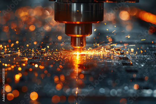  Laser cut machine in action, creating intricate designs on metal plates with sparks flying off the blade. Created with Ai